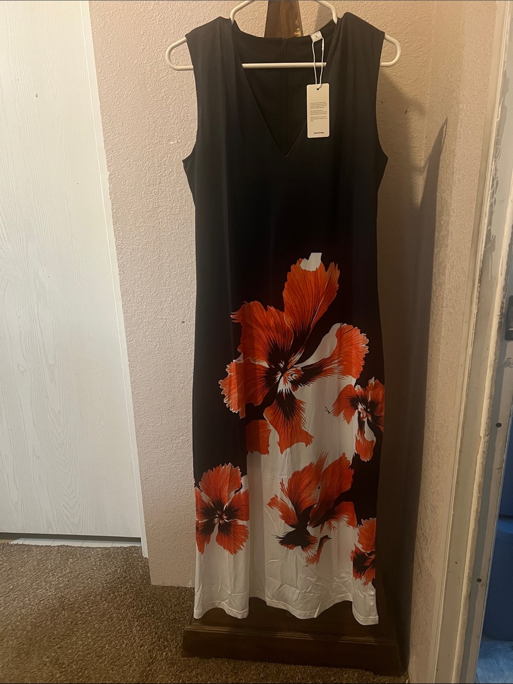 Sleeveless Black Maxi Dress with Orange Floral Print